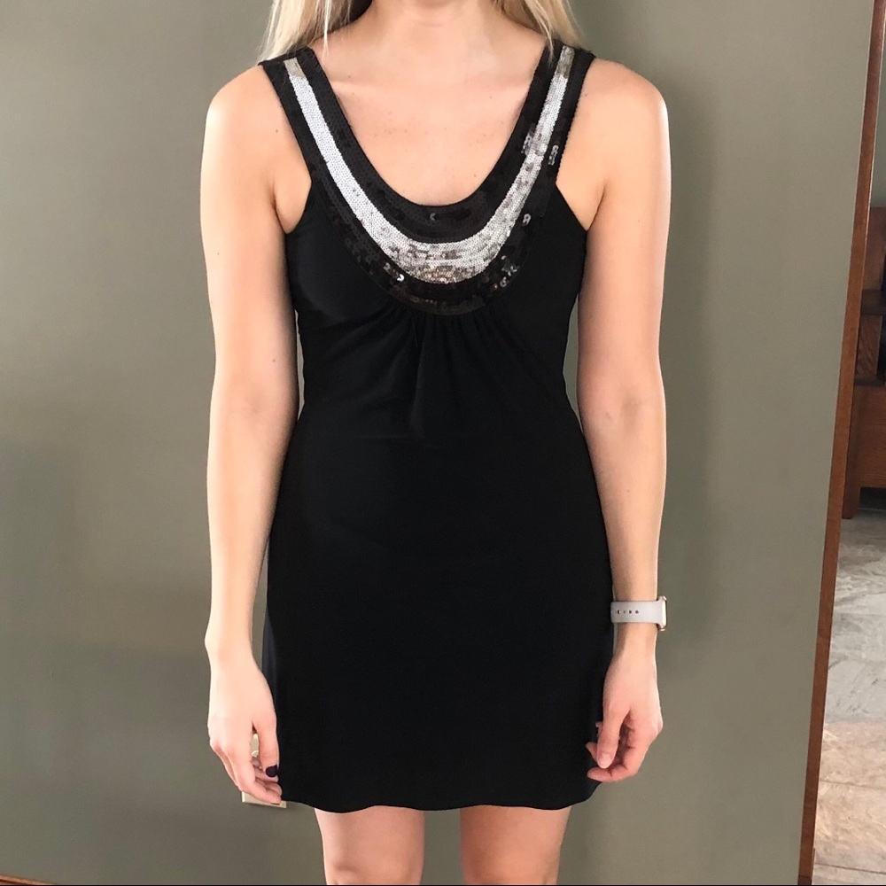 Sequined scoop neck black mini dress